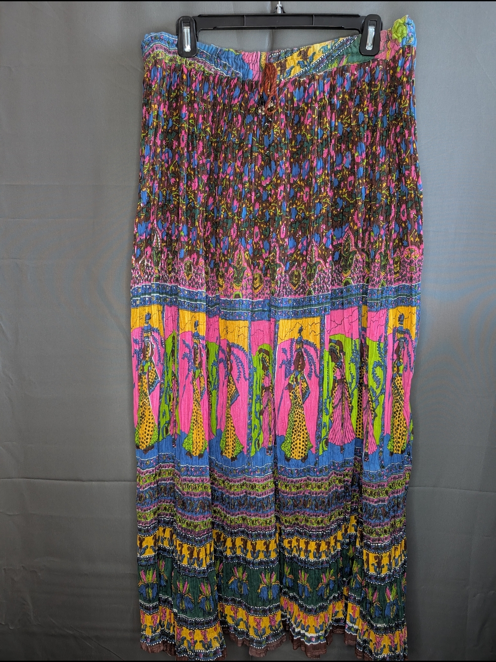Queen’s Circle Vintage 90s Bohemian Broomstick Maxi Skirt • Vibrant Folk Art Pri